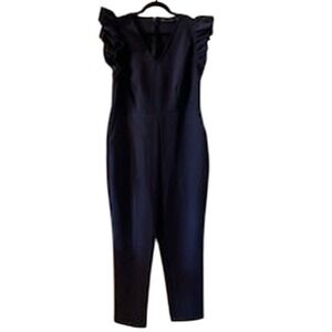 New York & Company Ruffle Sleeve V-Neck Jumpsuit Back Zip Navy Blue Size Large